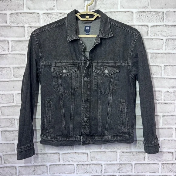 🦅|•GAP•| Black Eagle Back Jean Jacket Size Kids XXL Women Small - Picture 2 of 7